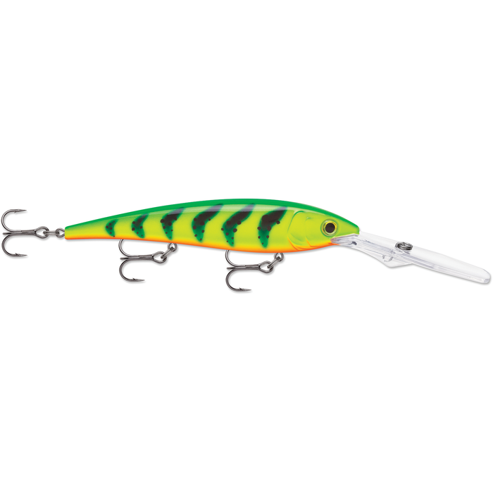 Rapala Gold Miner fishing lure in bright green and yellow with black stripes, featuring three treble hooks and clear diving lip for deep water fishing.