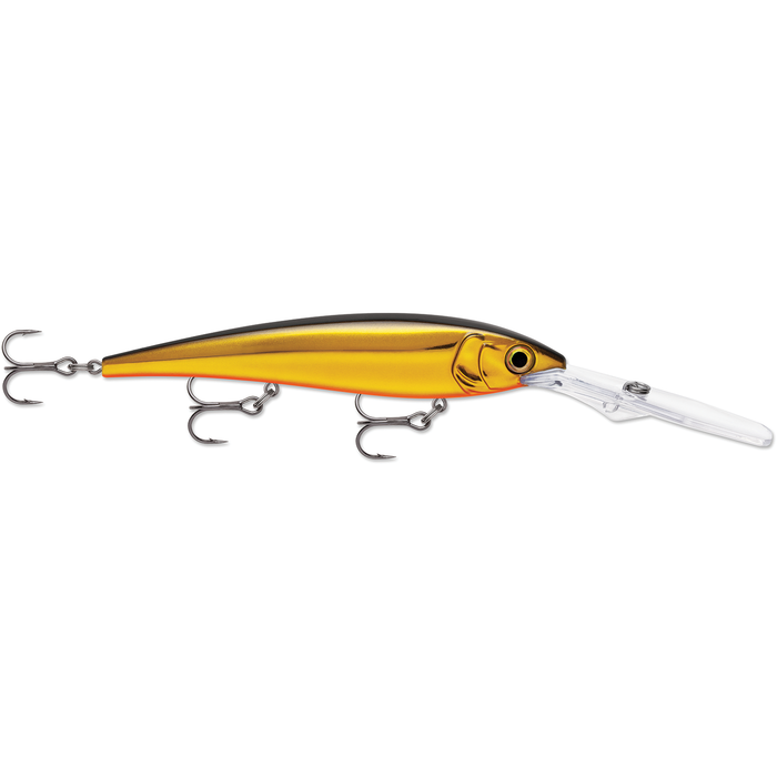 Rapala Gold Miner fishing lure with a sleek gold body, detailed realistic eyes, and three sharp treble hooks, designed for effective fishing tackle use.