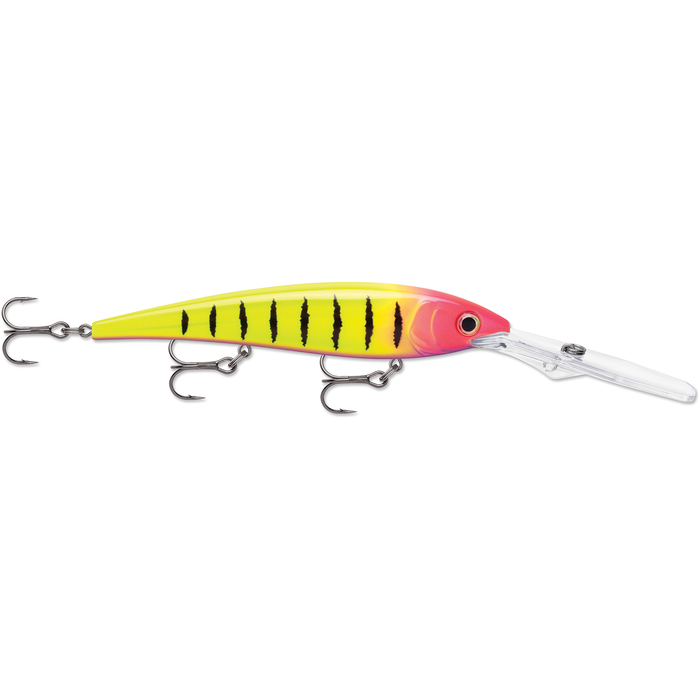 Rapala Gold Miner fishing lure in bright yellow and pink with black vertical stripes, featuring three treble hooks and a long clear diving lip for deep water fishing.