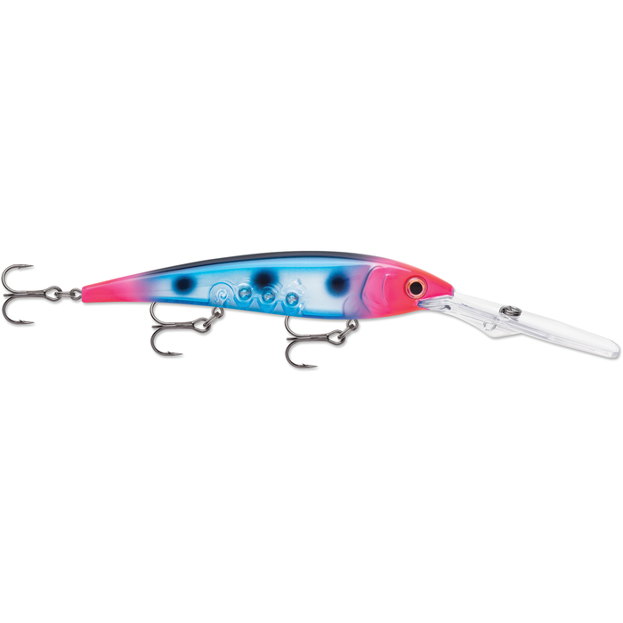 Rapala Gold Miner fishing lure in blue and pink with black spots, featuring three treble hooks and a clear diving lip for deep water fishing.