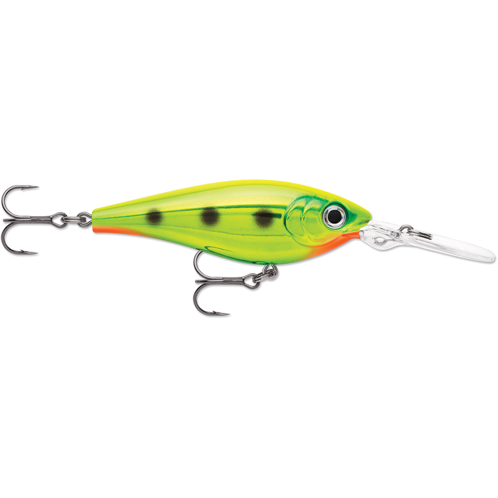 Rapala Harvest Shad fishing lure in bright green and yellow with black spots, featuring two sharp treble hooks and a clear plastic diving lip for deep water fishing.