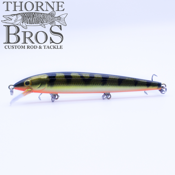Rapala Husky Jerk - Custom Painted Colors fishing lure with a green and black striped body, detailed finish, and multiple treble hooks designed for musky fishing.