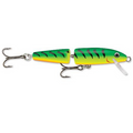Rapala J10 Jointed fishing lure in green and yellow with black stripes, featuring two treble hooks and a jointed body designed for lifelike movement in water.