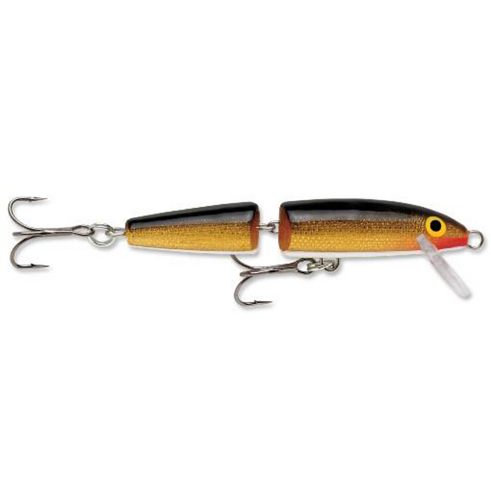 Rapala J10 Jointed segmented fishing lure in gold and black with two treble hooks and a clear diving lip, designed for musky and freshwater fishing tackle.