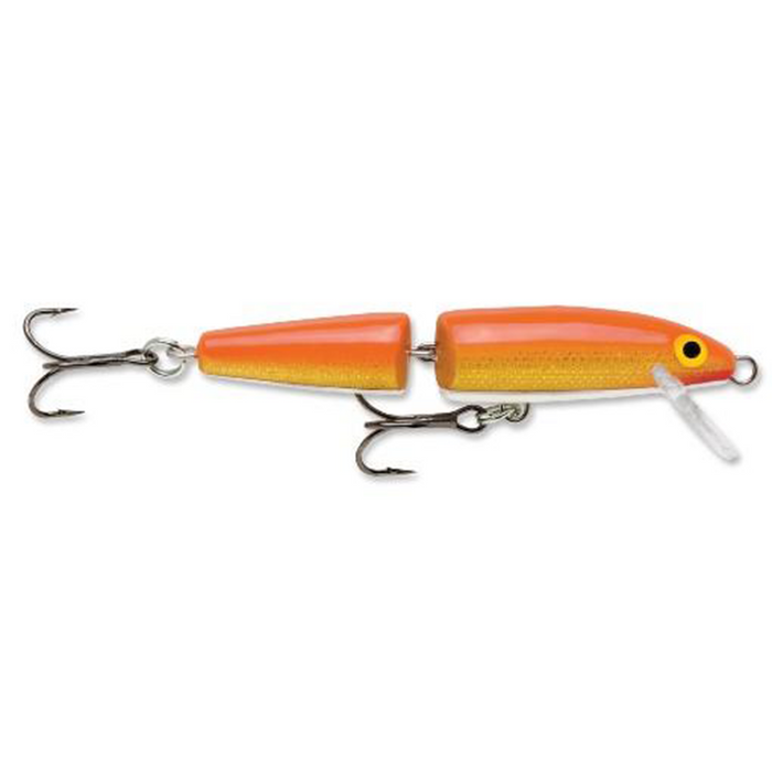 Rapala J10 Jointed fishing lure in bright orange and yellow with two treble hooks and a diving lip, designed for realistic movement to attract musky and other game fish.