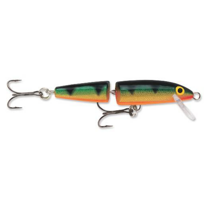 Rapala J10 Jointed fishing lure with a segmented body featuring green, yellow, and orange colors, two treble hooks, and a clear plastic lip for realistic movement in water.