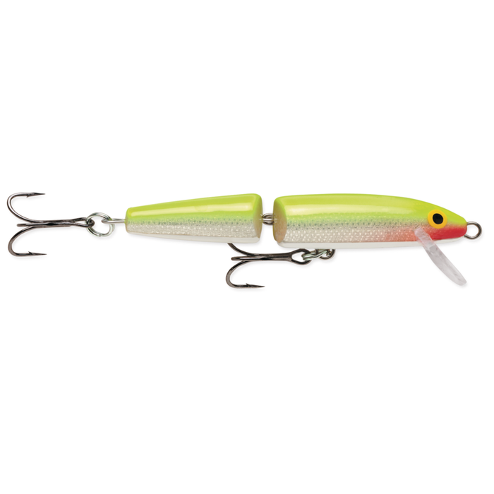 Rapala J10 Jointed fishing lure with segmented body, bright chartreuse and silver coloring, two treble hooks, and a diving lip designed for realistic movement in water.