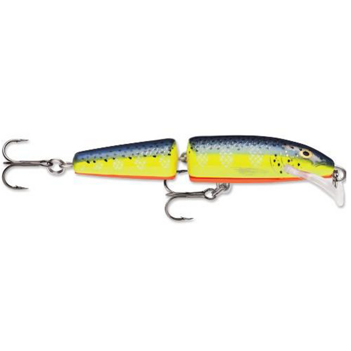 Rapala Jointed Scatter Rap fishing lure with a segmented body in blue, yellow, and orange colors, featuring two sharp treble hooks and a clear diving lip.