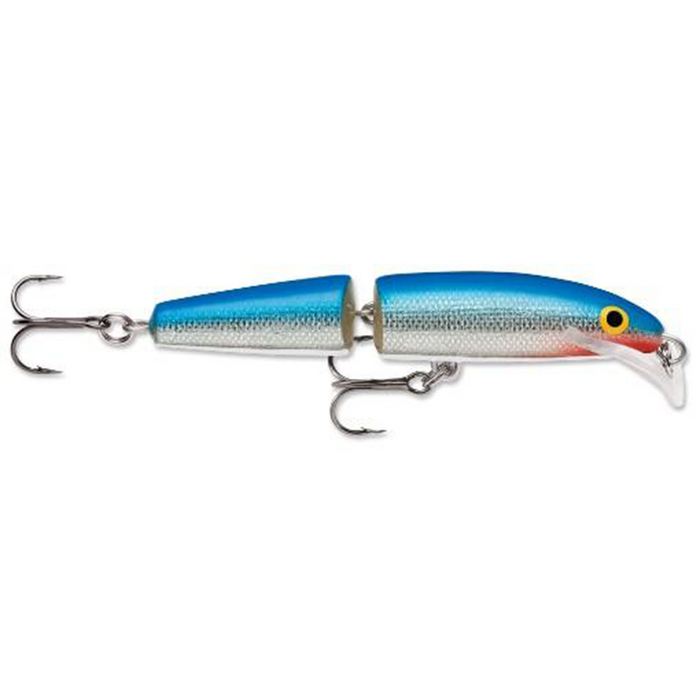 Rapala Jointed Scatter Rap fishing lure in blue and silver with yellow eye, featuring two sharp treble hooks and a jointed body designed for realistic swimming action.
