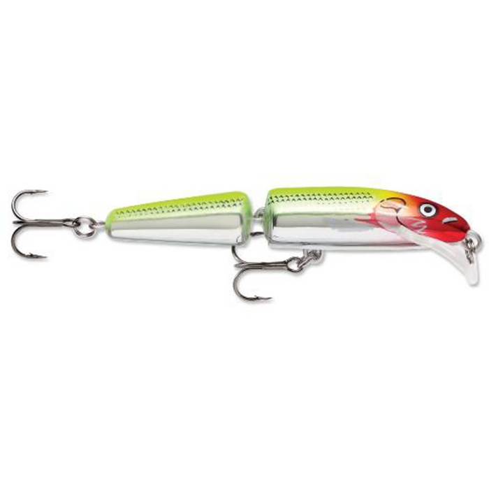 Rapala Jointed Scatter Rap fishing lure with segmented green and red body, two treble hooks, and a clear plastic diving lip for realistic movement in water.