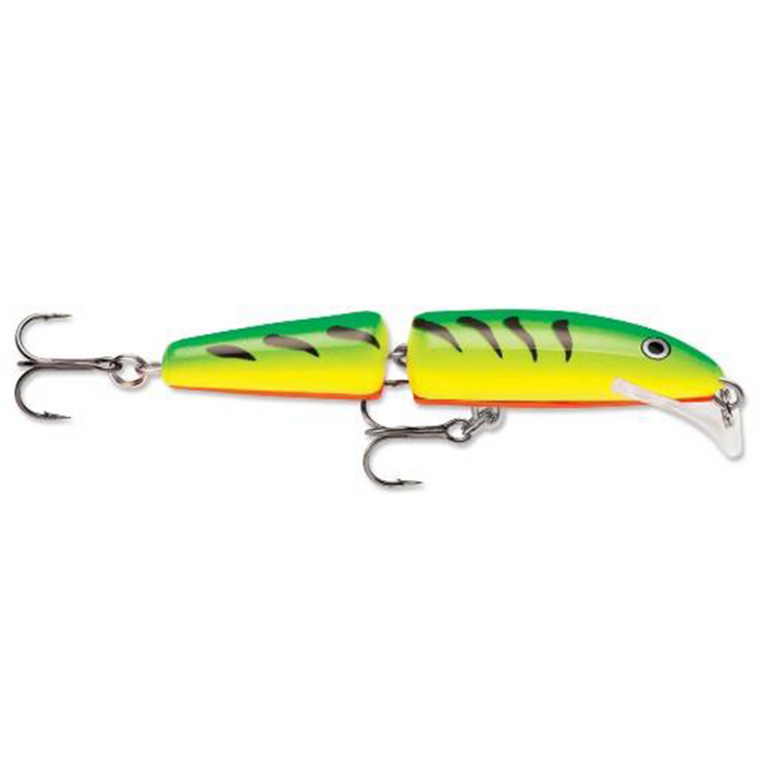 Rapala Jointed Scatter Rap fishing lure in green and yellow with black stripes, featuring a jointed body and two sharp treble hooks designed for musky and freshwater fishing.