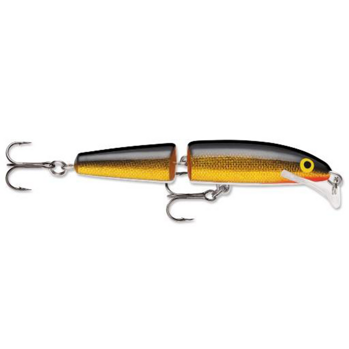 Rapala Jointed Scatter Rap fishing lure with segmented jointed body in gold and black finish, equipped with two treble hooks and a clear diving lip for realistic movement.