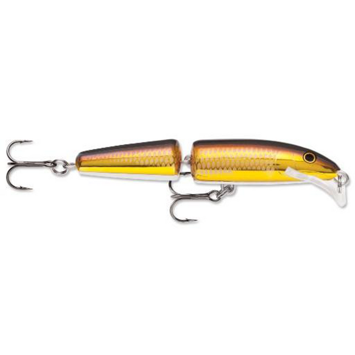Rapala Jointed Scatter Rap fishing lure with a segmented gold and brown body, featuring two treble hooks and a clear plastic lip for realistic movement in water.