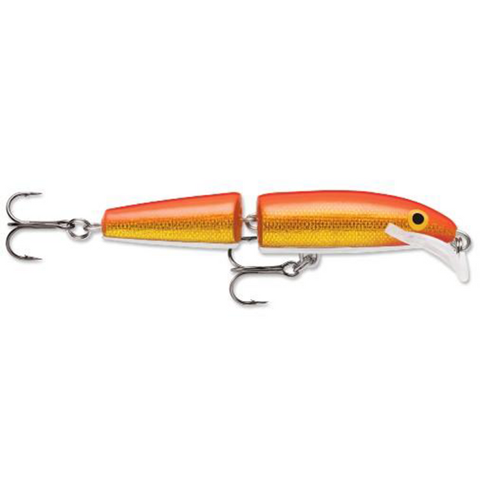 Rapala Jointed Scatter Rap fishing lure in vibrant orange and gold with two sharp treble hooks and a jointed body designed for realistic movement in water.