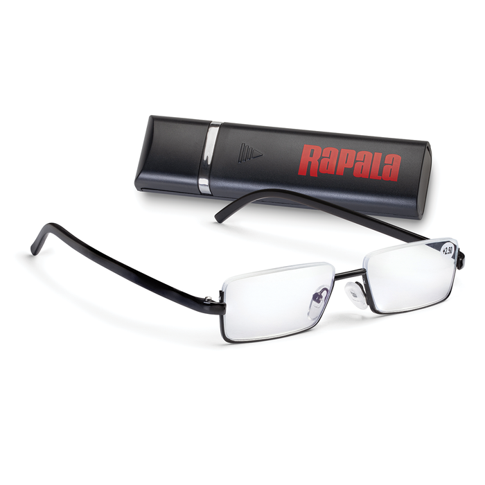 Rapala Knot Tying Glasses with rectangular black frames and magnifying lenses, shown with a black protective case branded with Rapala logo, ideal for detailed fishing tackle work.