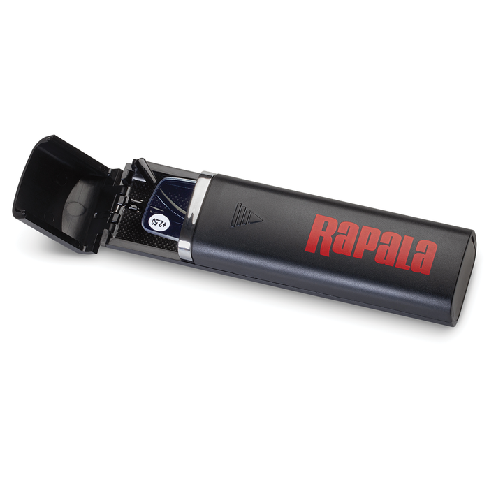 Rapala Knot Tying Glasses shown inside a black protective case with red Rapala logo, designed to assist with precise fishing tackle knot tying and close-up vision.