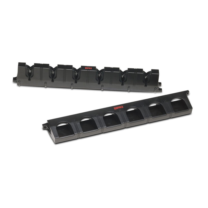 Rapala Lock n Hold Rod Rack showing two black plastic rod holders designed to organize and secure fishing rods and reels efficiently.