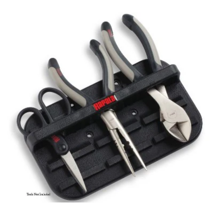 Rapala Magnetic Tool Holders - No Tools, black magnetic base securely holding four fishing pliers with gray and black handles, designed for organizing fishing tackle tools efficiently.