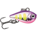 Rapala Nano Rap fishing lure in purple and pink with yellow and black markings, featuring a realistic eye and a sharp treble hook for effective fishing tackle use.