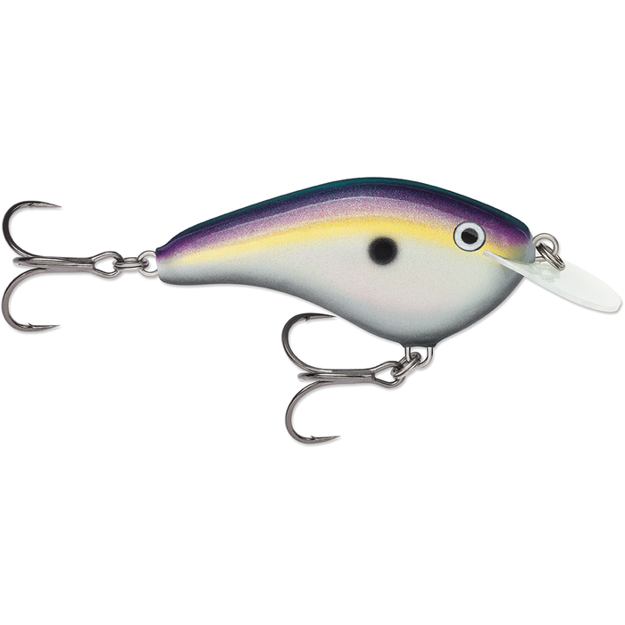 Rapala OG Slim 6 fishing lure with a sleek, curved body in purple, yellow, and silver hues, featuring two sharp treble hooks and a clear diving lip for effective fishing tackle.