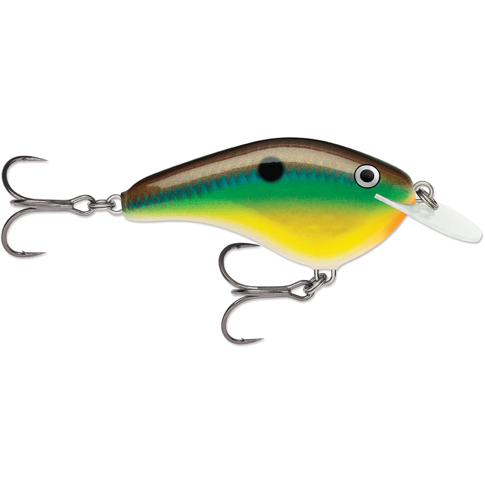 Rapala OG Slim 6 fishing lure with a green, yellow, and brown body, featuring two treble hooks and a clear plastic diving lip for effective fishing tackle use.