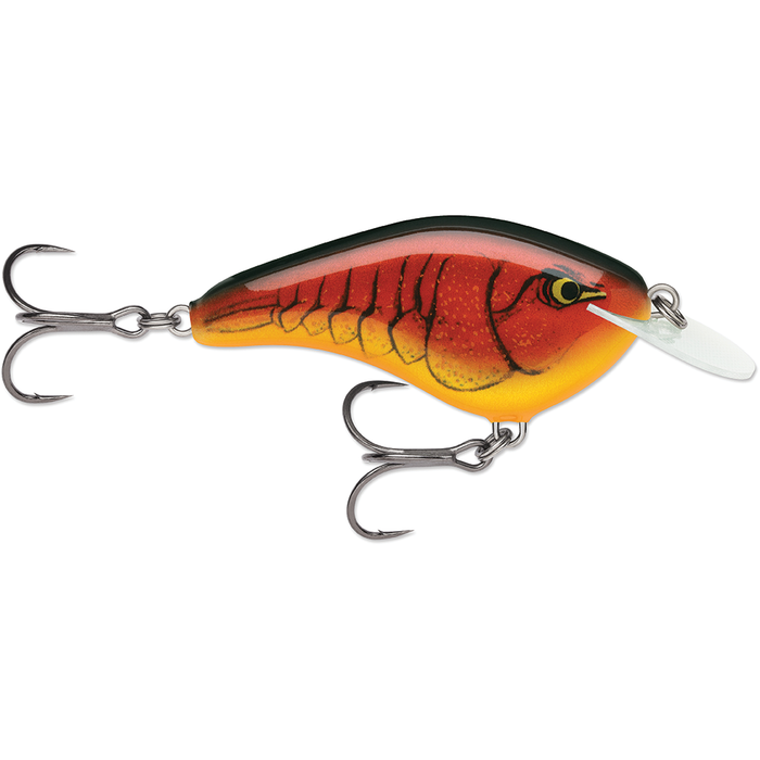 Rapala OG Slim 6 fishing lure in orange and red hues with detailed scale pattern, two treble hooks, and a clear plastic diving lip for freshwater fishing.