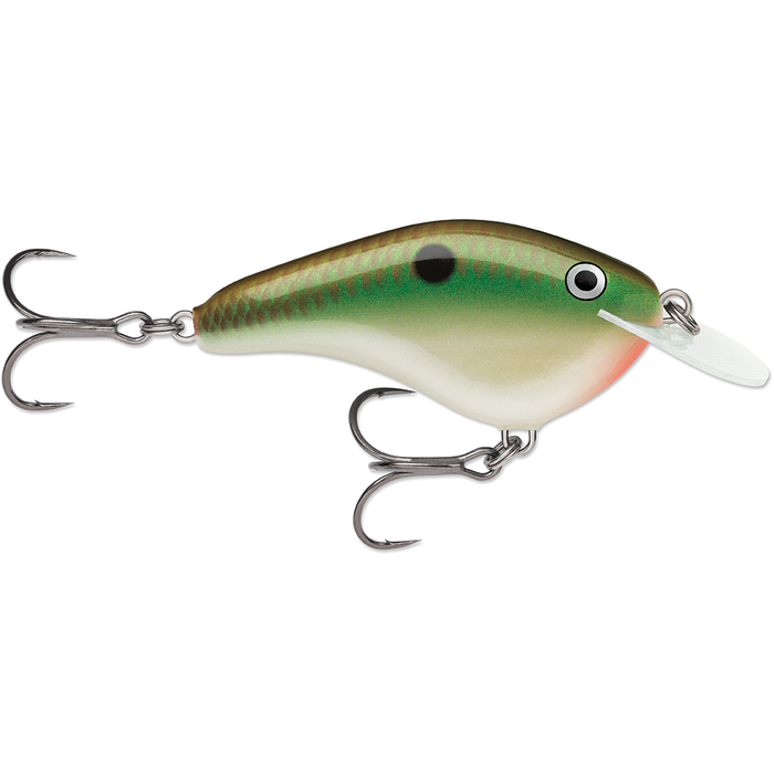 Rapala OG Slim 6 fishing lure in green and white with black spot, featuring two treble hooks and a clear diving lip for musky and freshwater fishing.