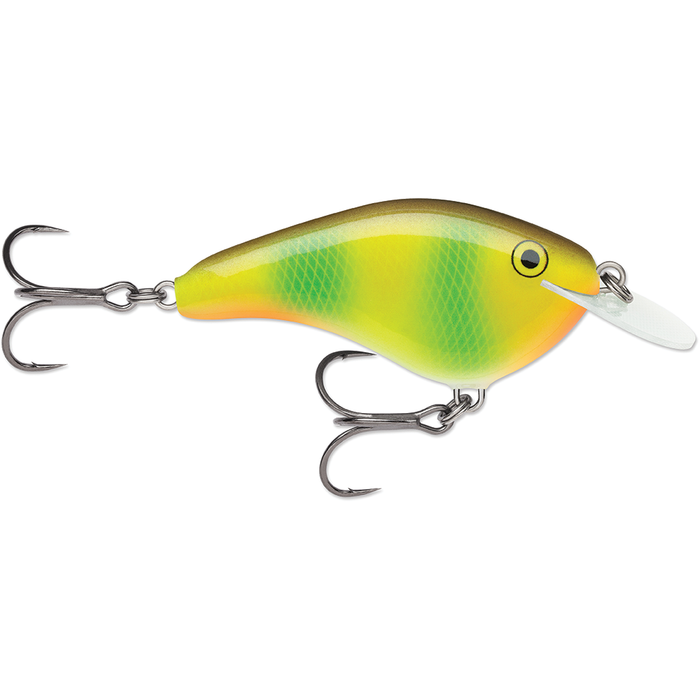 Rapala OG Slim 6 fishing lure in vibrant yellow and green hues with realistic scale pattern, two sharp treble hooks, and a clear diving lip for deep water fishing.