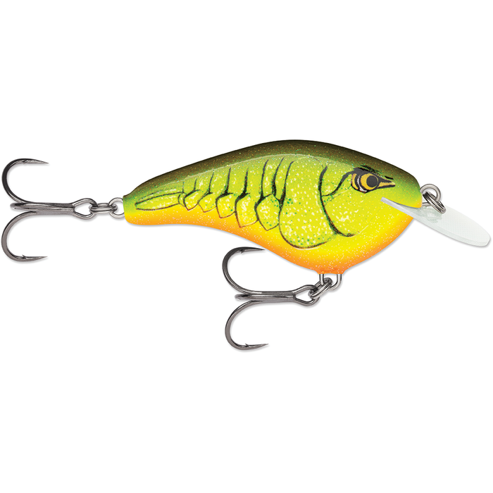 Rapala OG Slim 6 fishing lure in green and yellow with detailed scale and fin patterns, featuring two sharp treble hooks and a white diving lip for realistic movement in water.