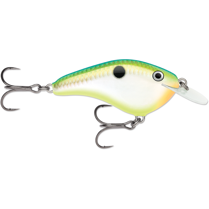 Rapala OG Slim 6 fishing lure with a green and yellow gradient body, realistic scale pattern, two treble hooks, and a small diving lip.