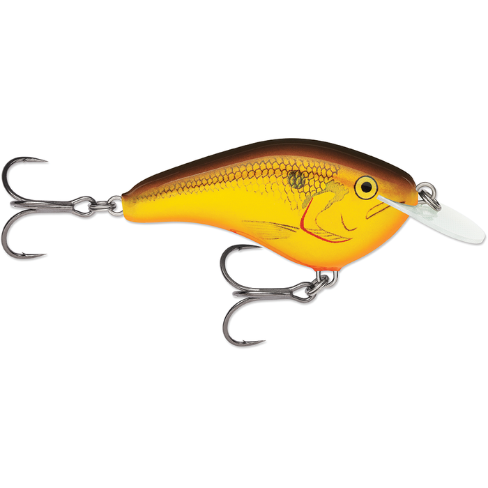 Rapala OG Slim 6 fishing lure in yellow and brown with detailed scale pattern, two sharp treble hooks, and a clear diving lip for musky and freshwater fishing tackle.