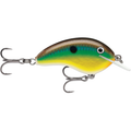 Rapala OG Tiny 4 fishing lure with vibrant yellow, green, and brown colors, detailed scale pattern, black eye spot, and two sharp treble hooks for effective fishing tackle.