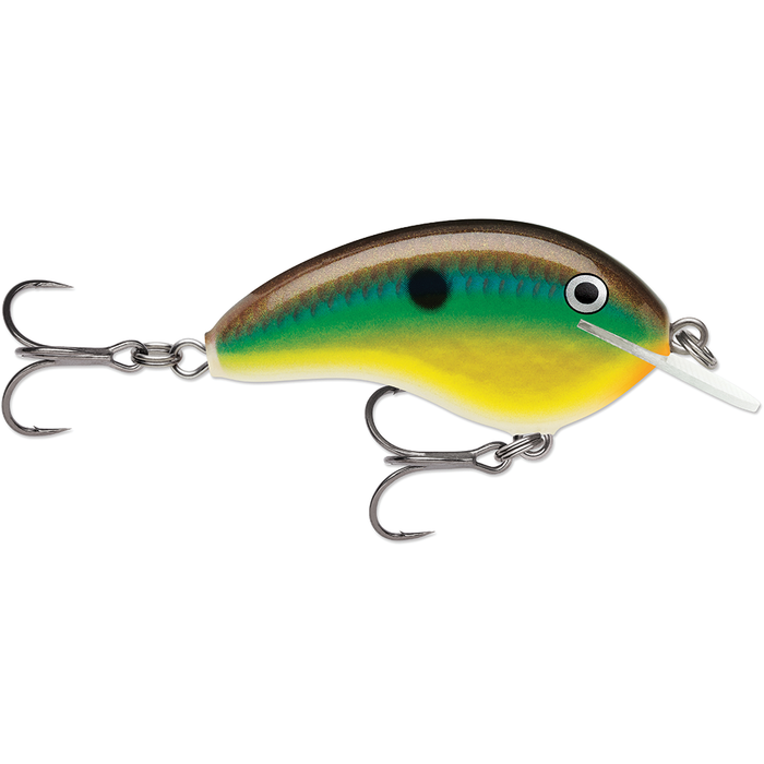 Rapala OG Tiny 4 fishing lure with vibrant yellow, green, and brown colors, detailed scale pattern, black eye spot, and two sharp treble hooks for effective fishing tackle.