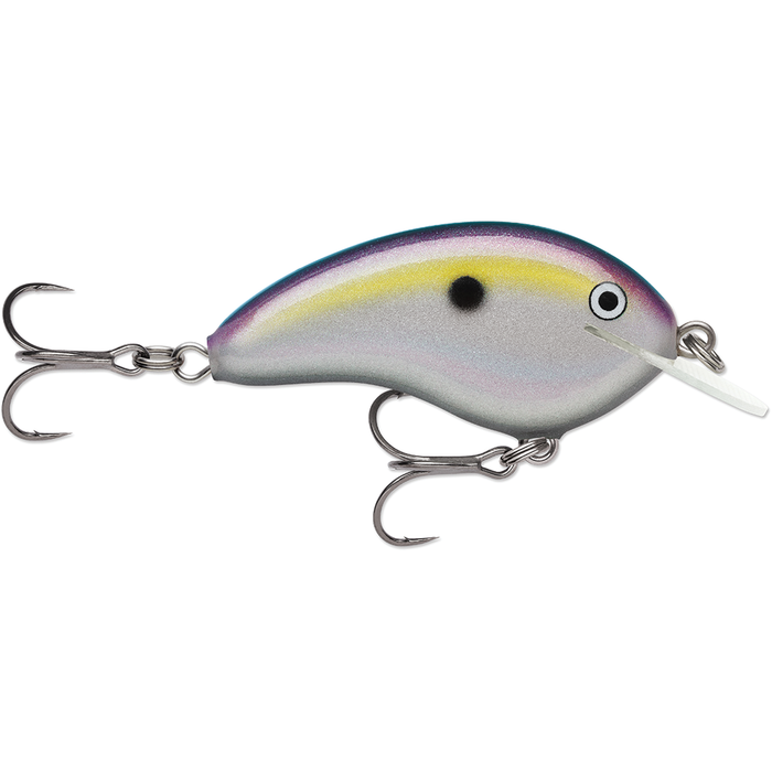 Rapala OG Tiny 4 fishing lure in silver with purple and yellow accents, featuring two sharp treble hooks and a clear diving lip for effective fishing tackle use.