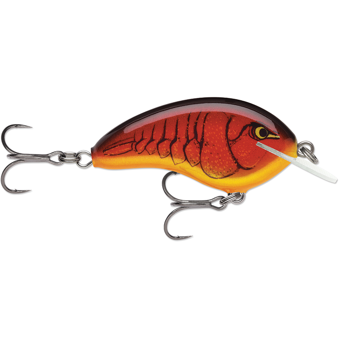 Rapala OG Tiny 4 fishing lure with a detailed red and orange body design, equipped with two sharp treble hooks and a clear diving lip for effective fishing tackle use.