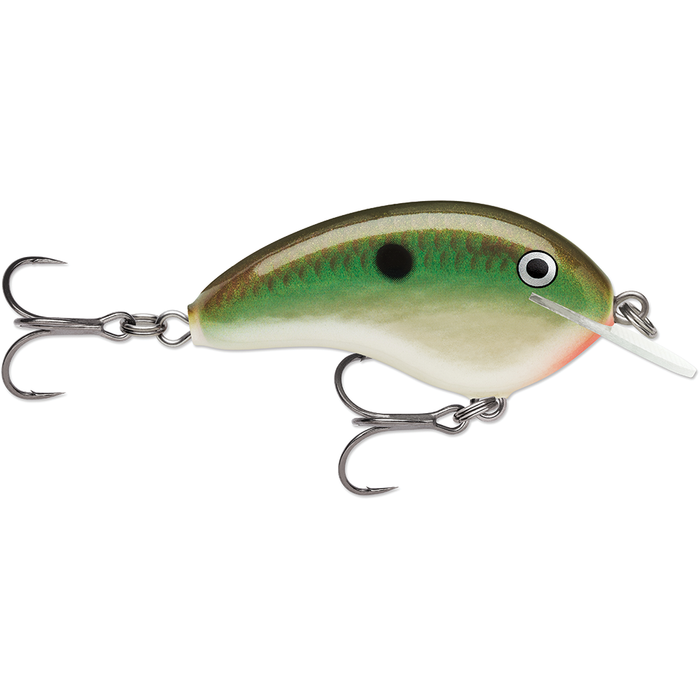 Rapala OG Tiny 4 fishing lure with a green and white body, black spot near the top, two treble hooks, and a clear plastic lip for diving action.