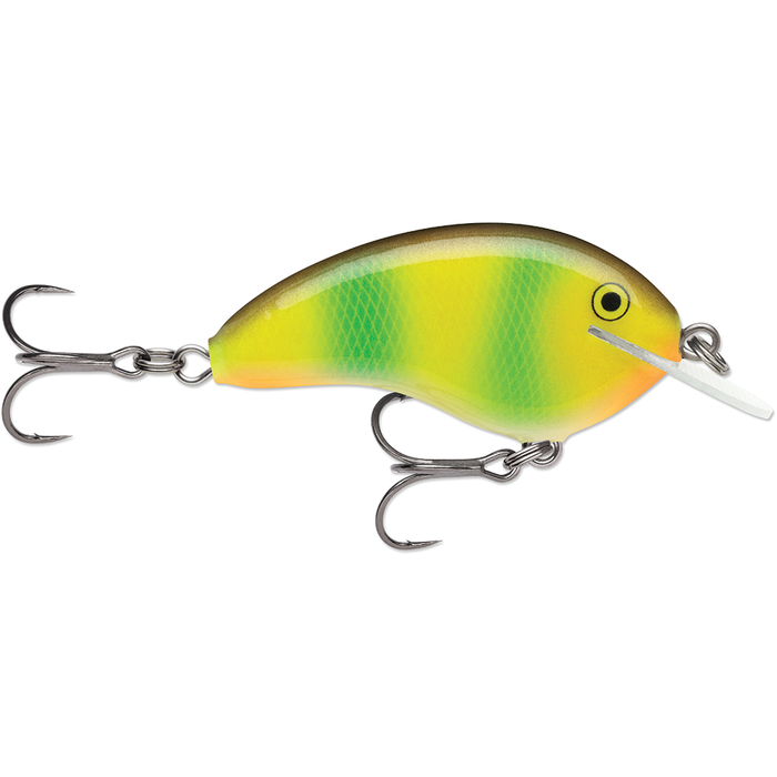 Rapala OG Tiny 4 fishing lure in bright yellow and green with a small diving lip and two sharp treble hooks designed for effective fishing tackle use.