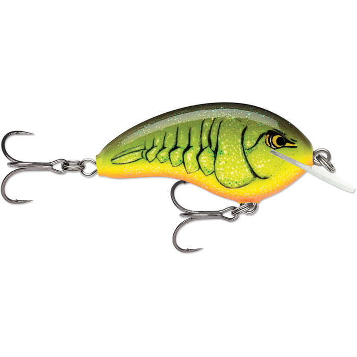 Rapala OG Tiny 4 fishing lure with a green and yellow patterned body, detailed scale design, and two sharp treble hooks for effective fishing tackle use.