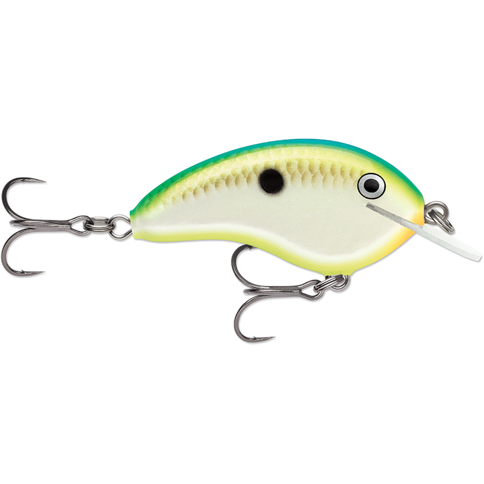 Rapala OG Tiny 4 fishing lure with green and yellow top, white belly, realistic eye design, two sharp treble hooks, and a small diving lip for fishing tackle.