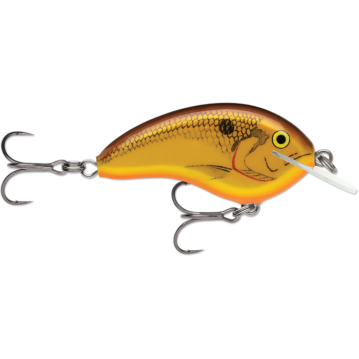 Rapala OG Tiny 4 fishing lure in gold and brown with detailed scale pattern and two sharp treble hooks, designed for effective fishing tackle use.