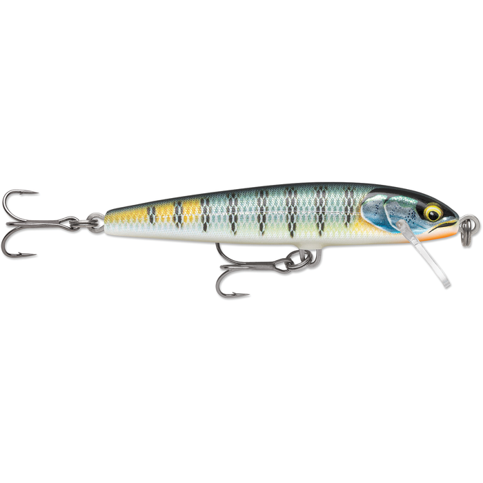 Rapala Original Floater Elite fishing lure with lifelike blue, yellow, and silver scale pattern, detailed eyes, and two sharp treble hooks for effective fishing tackle use.