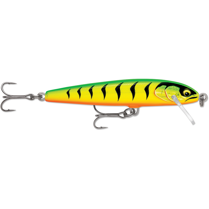 Rapala Original Floater Elite fishing lure with vibrant green and yellow body, black tiger stripe patterns, two sharp treble hooks, and clear plastic diving lip for freshwater fishing.