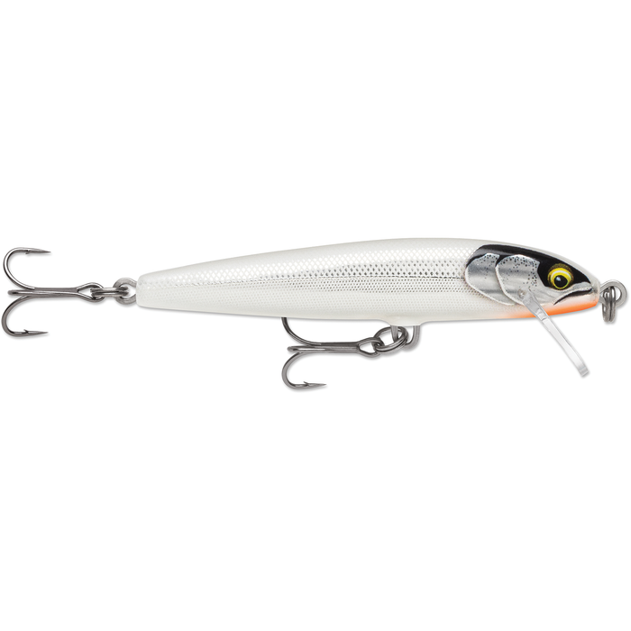 Rapala Original Floater Elite fishing lure in silver with black and yellow eye detailing, featuring two treble hooks and a small diving lip for lifelike movement in water.