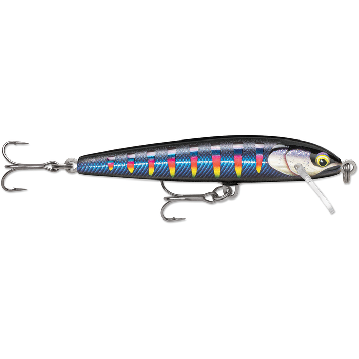 Rapala Original Floater Elite fishing lure with a sleek, blue and black striped body, two sharp treble hooks, and a clear diving lip for realistic movement in water.