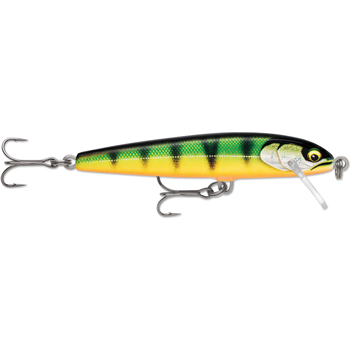 Rapala Original Floater Elite fishing lure featuring a green and yellow minnow design with black stripes, equipped with two treble hooks and a clear diving lip for realistic movement.