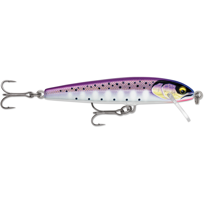 Rapala Original Floater Elite fishing lure in purple and white with realistic fish scale pattern, detailed eyes, and two sharp treble hooks designed for effective fishing tackle.