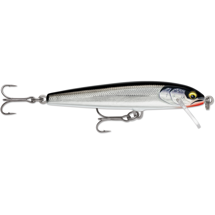Rapala Original Floater Elite fishing lure with a silver and black fish scale pattern, yellow eye detail, and two treble hooks designed for effective fishing tackle use.