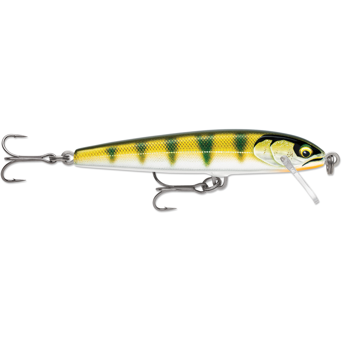 Rapala Original Floater Elite fishing lure with a yellow and green patterned body, detailed fish eyes, and two sharp treble hooks for effective fishing tackle.
