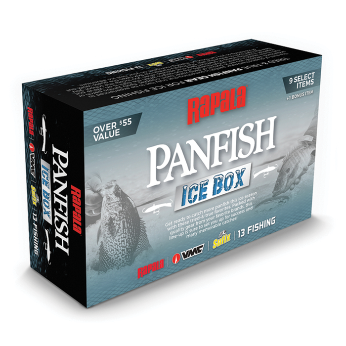 Rapala Panfish Ice Box fishing tackle kit box featuring 9 select items for panfish fishing with branded gear and promotional text on a blue and black background.