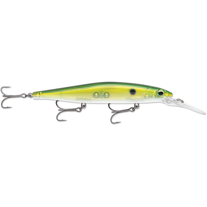 Rapala Precision Xtreme Mavrik Deep 110 fishing lure in green and yellow with three treble hooks and a clear diving lip, designed for deep water fishing.